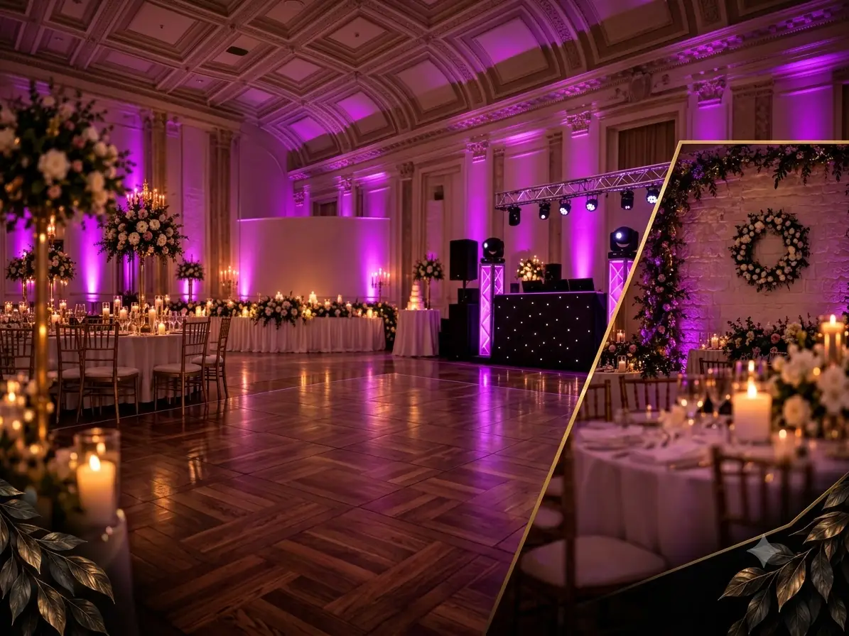 Evening reception lit up by Kingdom DJs lighting design